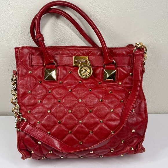 Michael Kors Hamilton Large Studded North South Tote Red Leather Gold Hardware - Picture 1 of 13